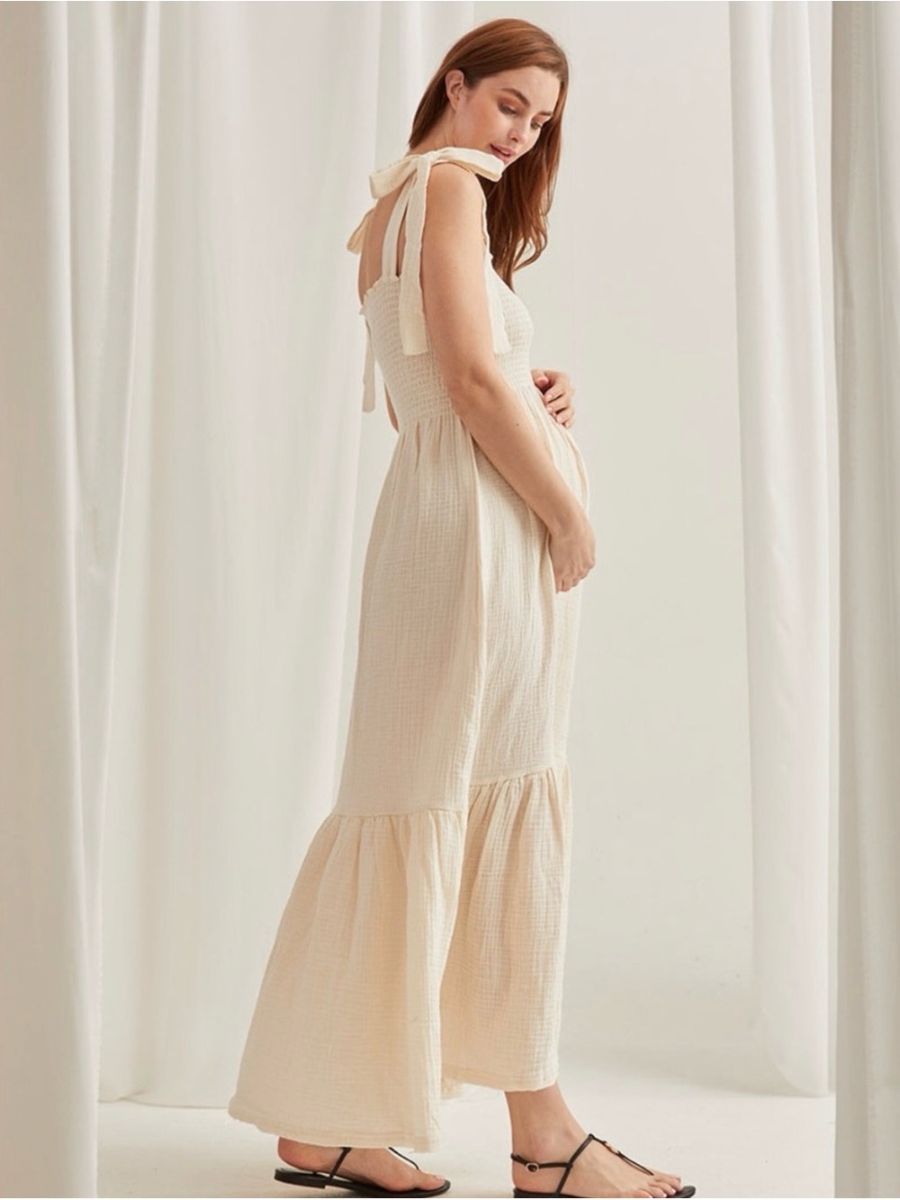 NOTHING FITS BUT Momoka Maternity gauze cotton smocked Eggshell tie midi maxi - Picture 2 of 9